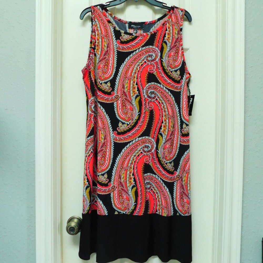 RN Studio Tank Dress Womens Size XL Sleeveless Black Coral Paisley Jersey Knit